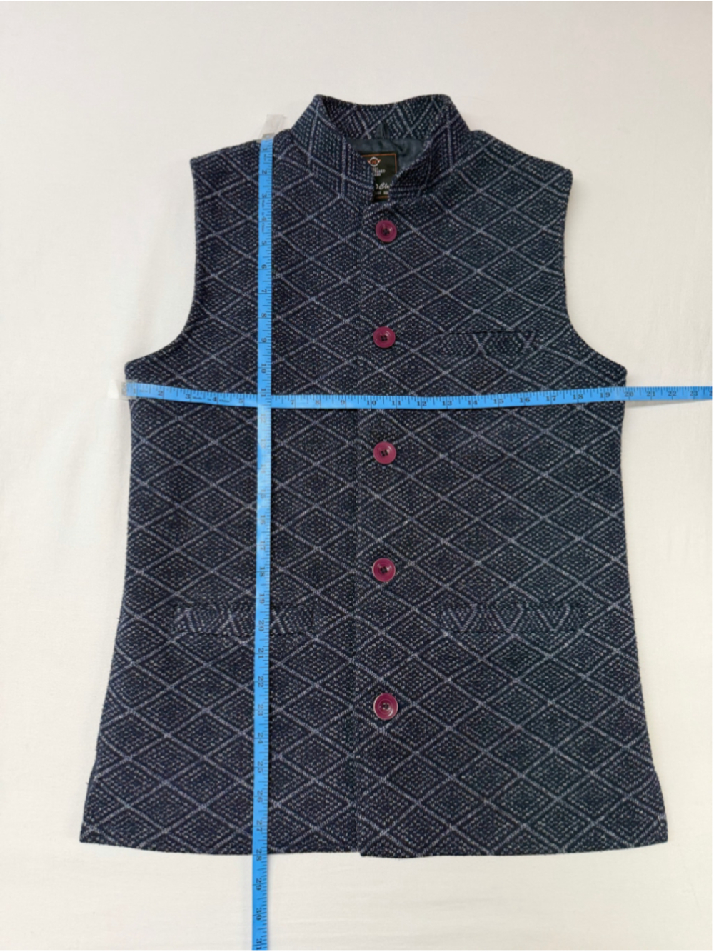 VTG JoJo Club Geometric Nehru Vest L Navy Blue Tweed Sleeveless Jacket Men 2028 - Picture 4 of 6